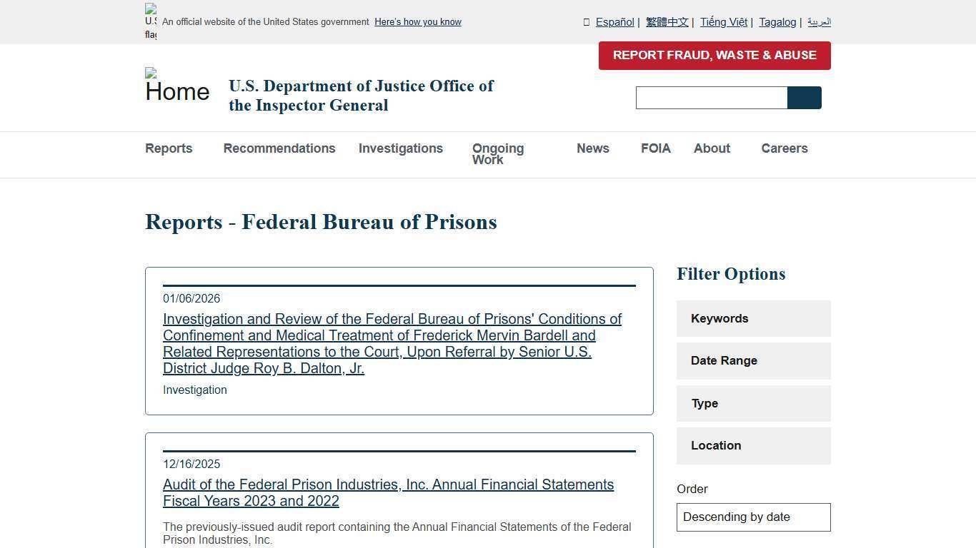 Reports - Federal Bureau of Prisons